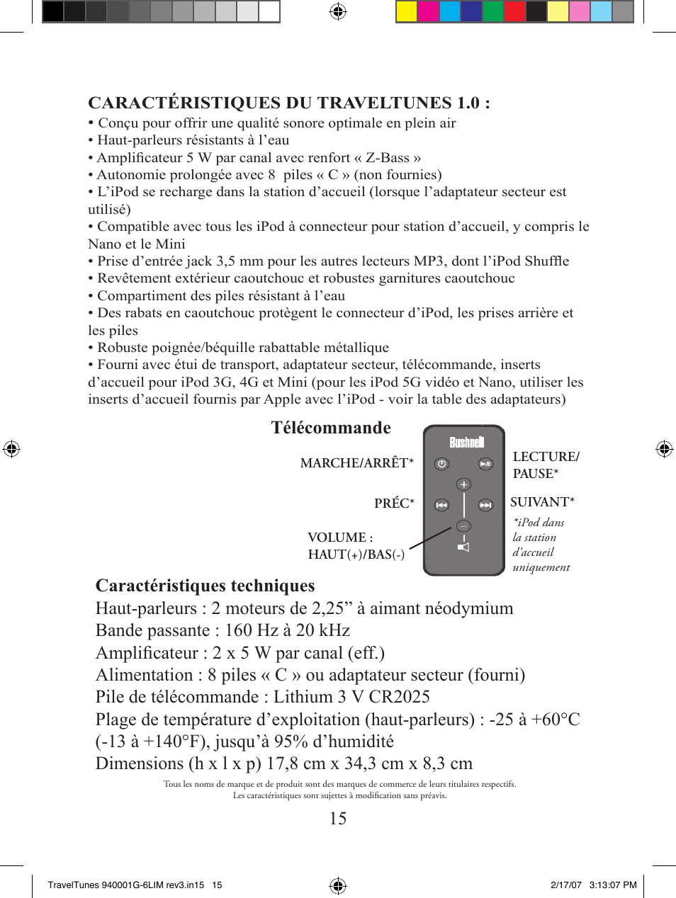 Télécommande, Caractéristiques du traveltunes 1.0 | Bushnell 940001AP User Manual | Page 15 / 64