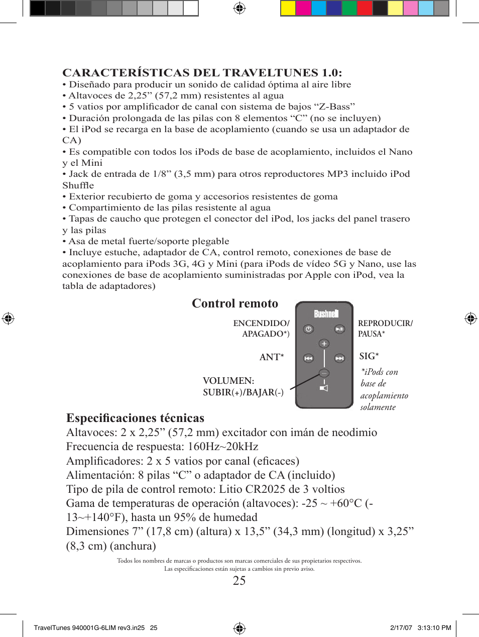 Control remoto, Especificaciones técnicas | Bushnell 940001AP User Manual | Page 25 / 64