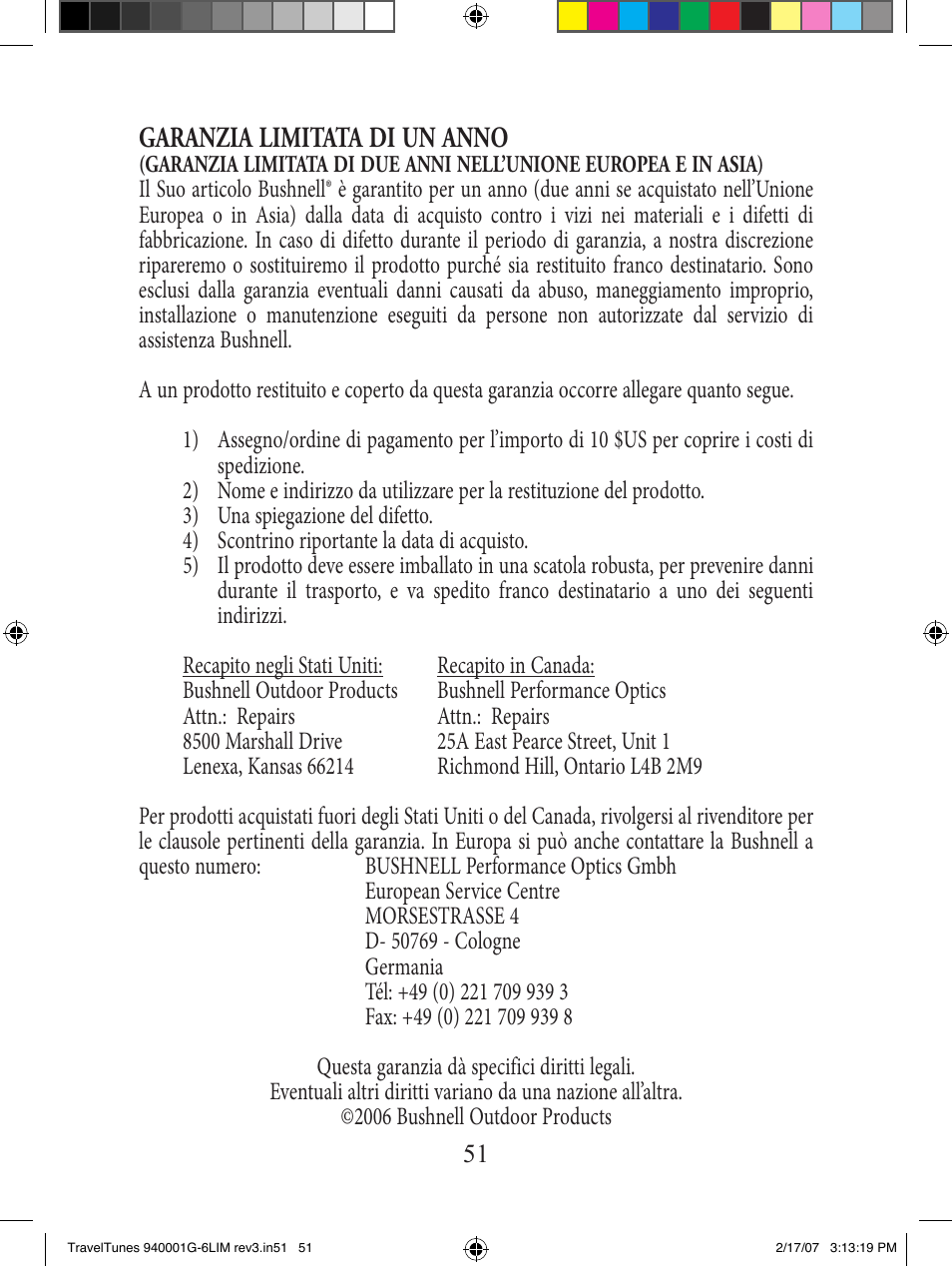 Garanzia limitata di un anno | Bushnell 940001AP User Manual | Page 51 / 64