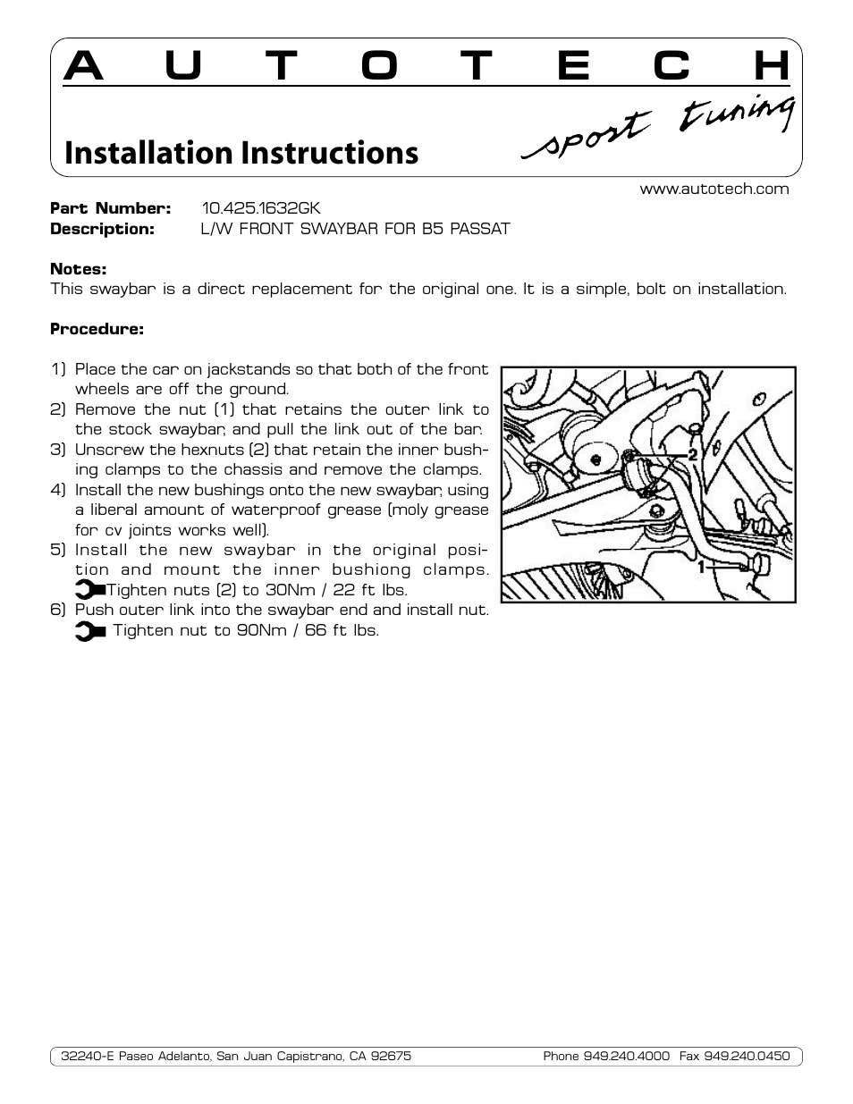 Autotech 10.425.1632GK Front 32mm ClubSport Lightweight Swaybar, B5 Passat User Manual | 1 page