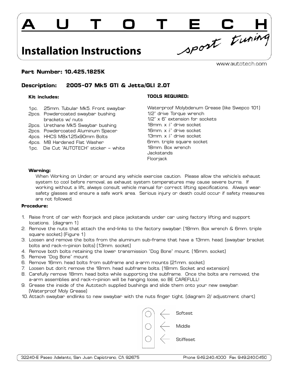 Autotech 10.425.1825GK Front 25mm ClubSport Adjustable Swaybar, Mk5 User Manual | 2 pages