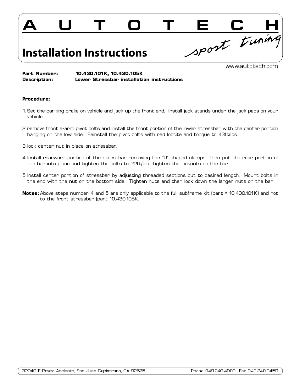 Autotech 10.430.101K-105K Lower Front Subframe, Mk1 User Manual | 1 page