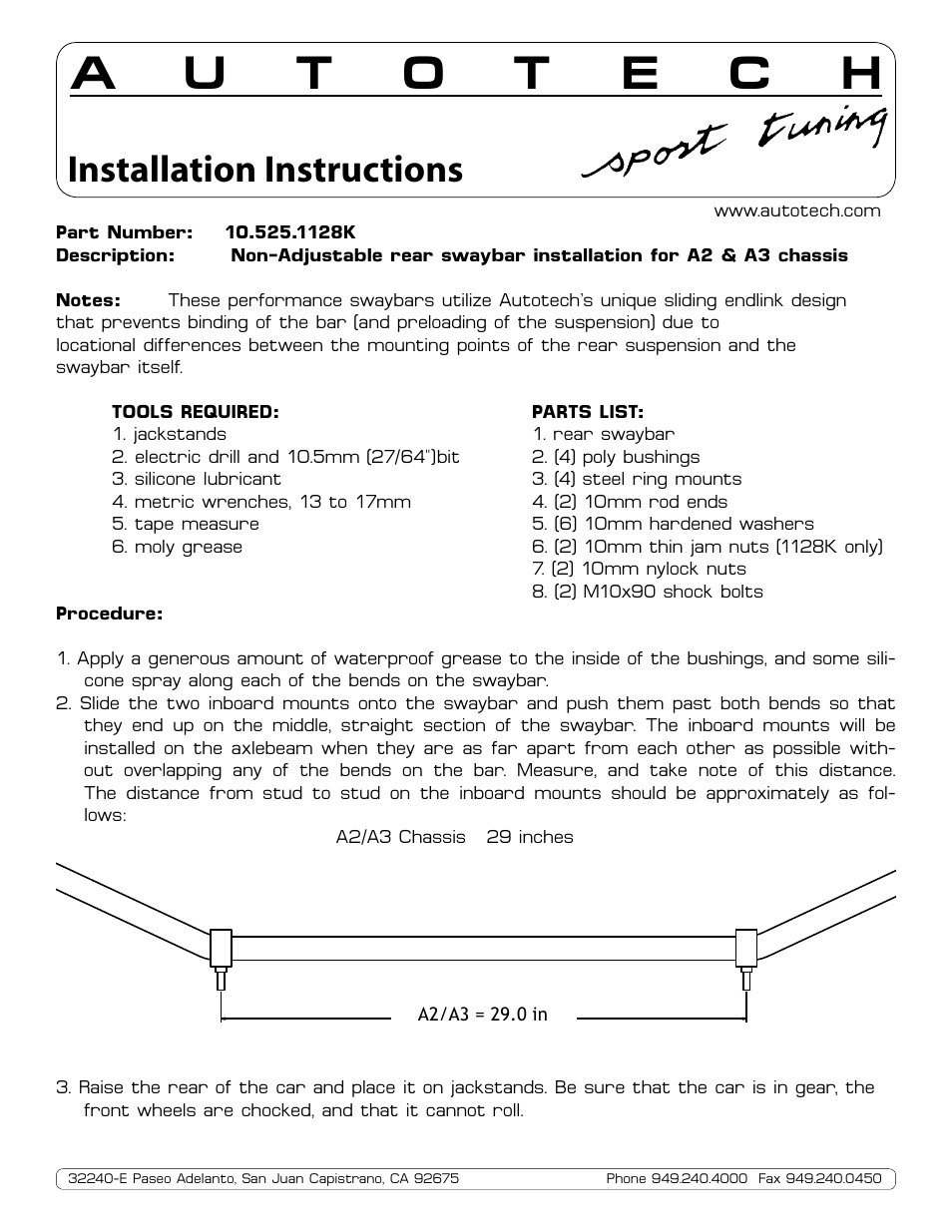 Autotech 10.525.1128K Rear 28mm Lightweight Swaybar, Mk2/Mk3 Models User Manual | 2 pages