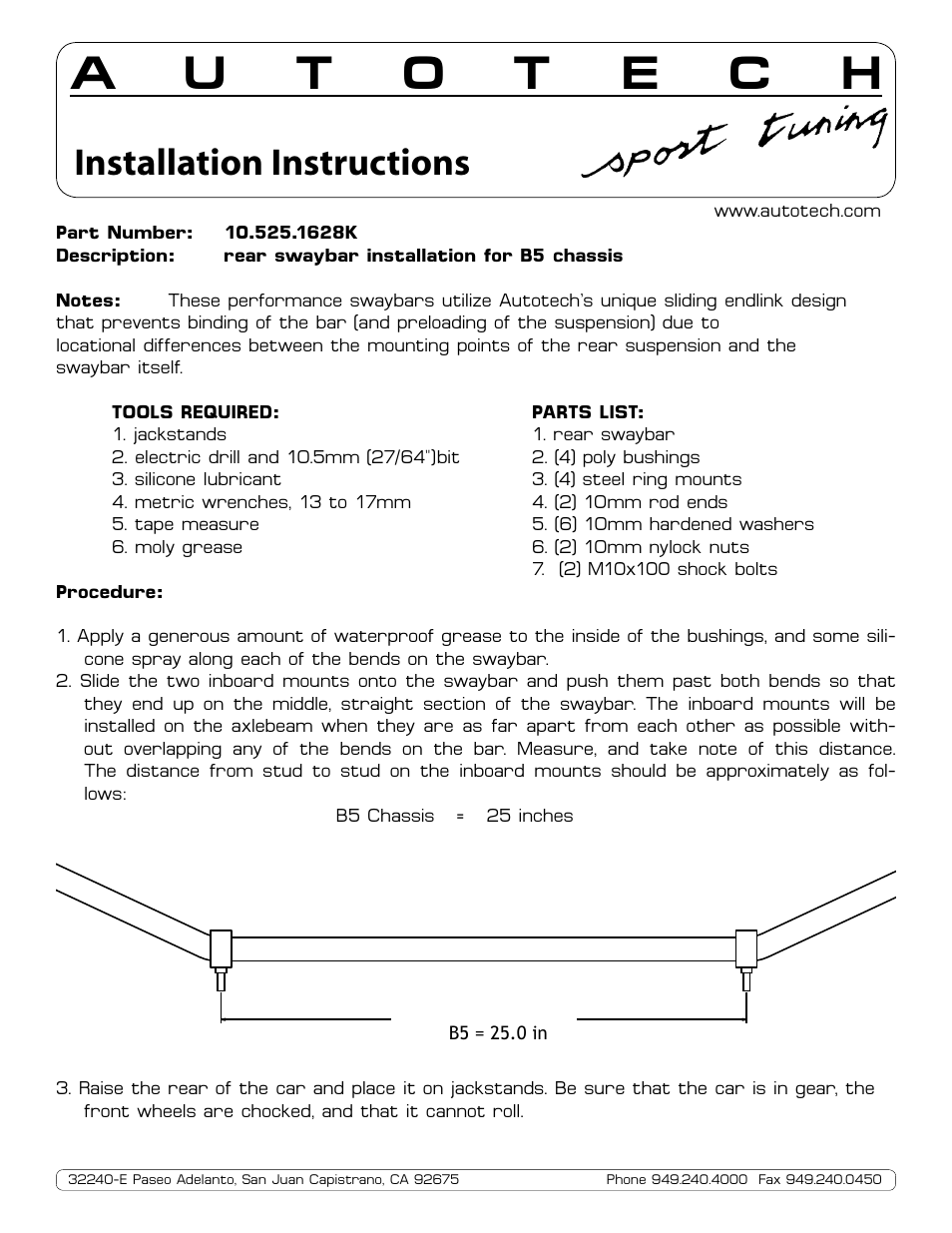 Autotech 10.525.1628K Rear 28mm Lightweight Swaybar, B5/B5G Passat 2WD User Manual | 2 pages