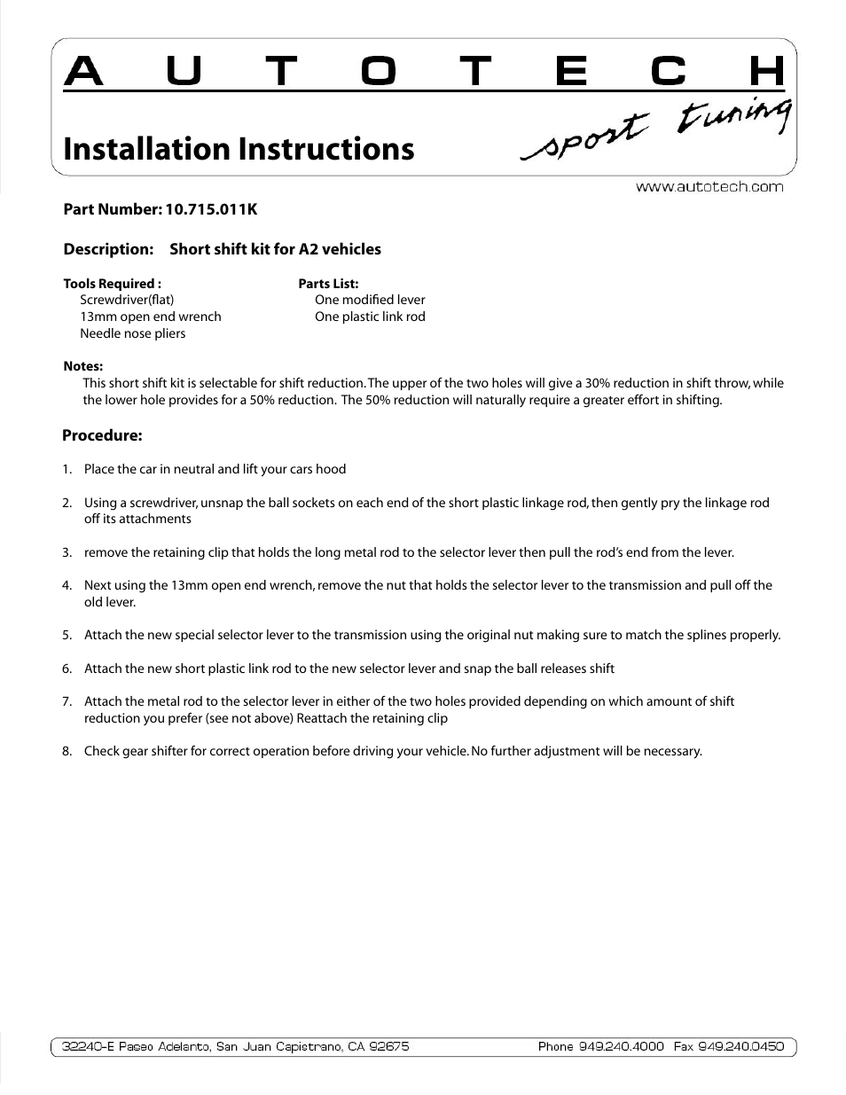 Autotech 10.715.011K Short-Shift Kit for Mk2 Golf & Jetta Models User Manual | 1 page