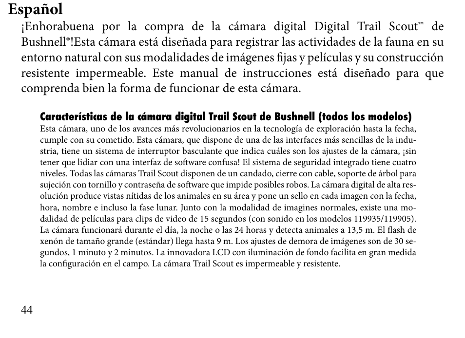 Español | Bushnell TRAILSCOUT 119935 User Manual | Page 44 / 124