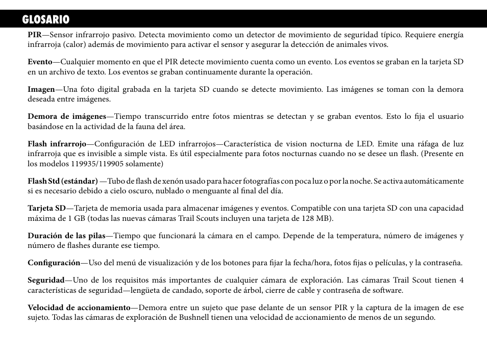 Glosario | Bushnell TRAILSCOUT 119935 User Manual | Page 54 / 124