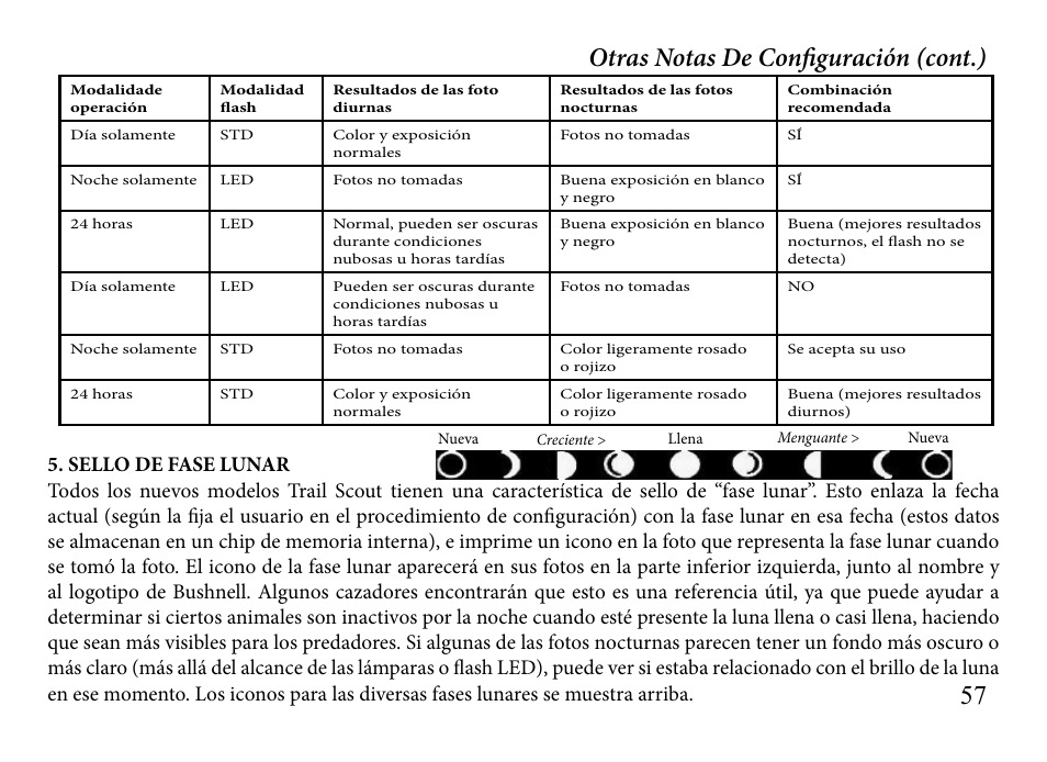 Otras notas de configuración (cont.) | Bushnell TRAILSCOUT 119935 User Manual | Page 57 / 124