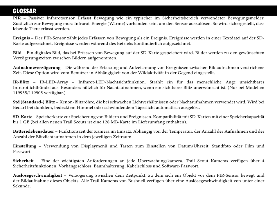 Glossar | Bushnell TRAILSCOUT 119935 User Manual | Page 74 / 124