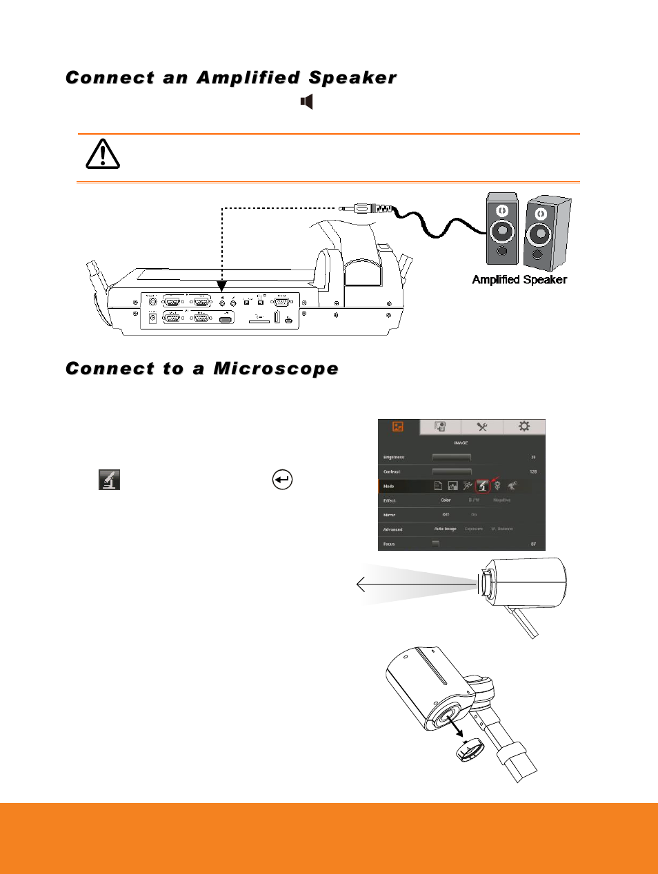 Connect an amplified speaker, Connect to a microscope | AVer PL50 user manual User Manual | Page 17 / 46