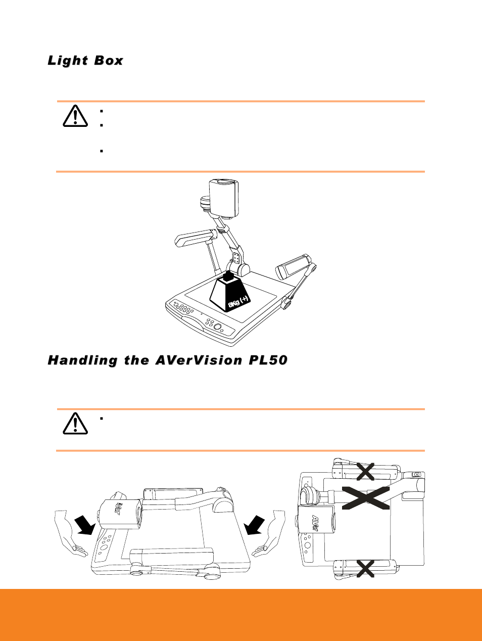 Light box, Handling the avervision pl50 | AVer PL50 user manual User Manual | Page 21 / 46