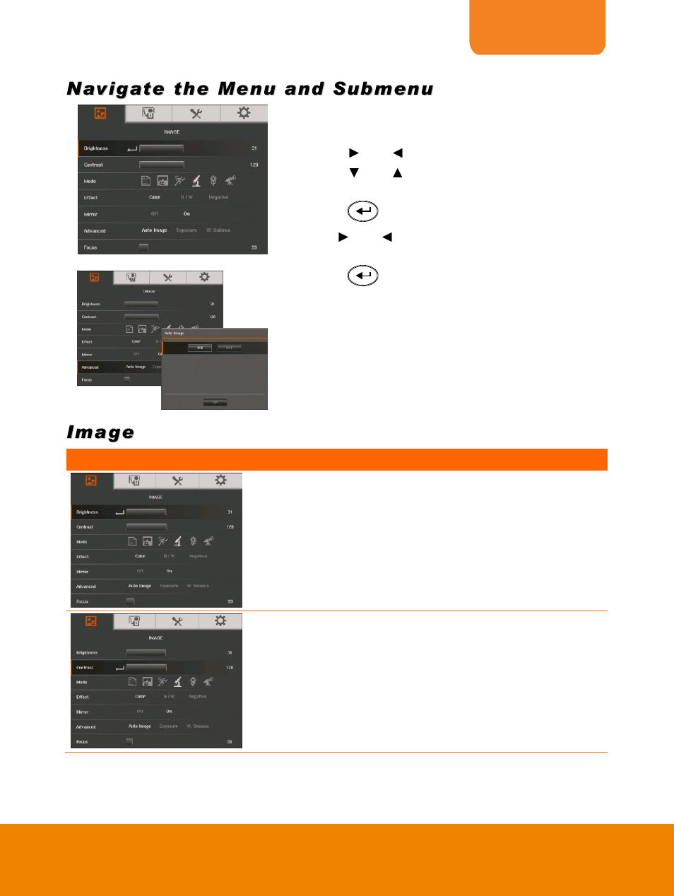 Navigate the menu and submenu, Image, Brightness | Contrast | AVer PL50 user manual User Manual | Page 24 / 46