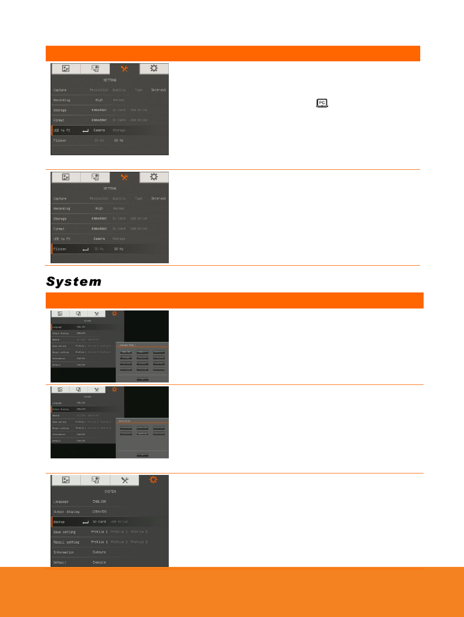 Usb to pc, Flicker, System | Language, Output display, Backup | AVer PL50 user manual User Manual | Page 31 / 46