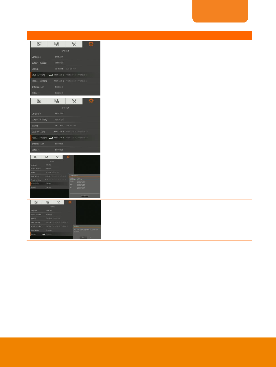 Save setting, Recall setting, Information | Default, English | AVer PL50 user manual User Manual | Page 32 / 46