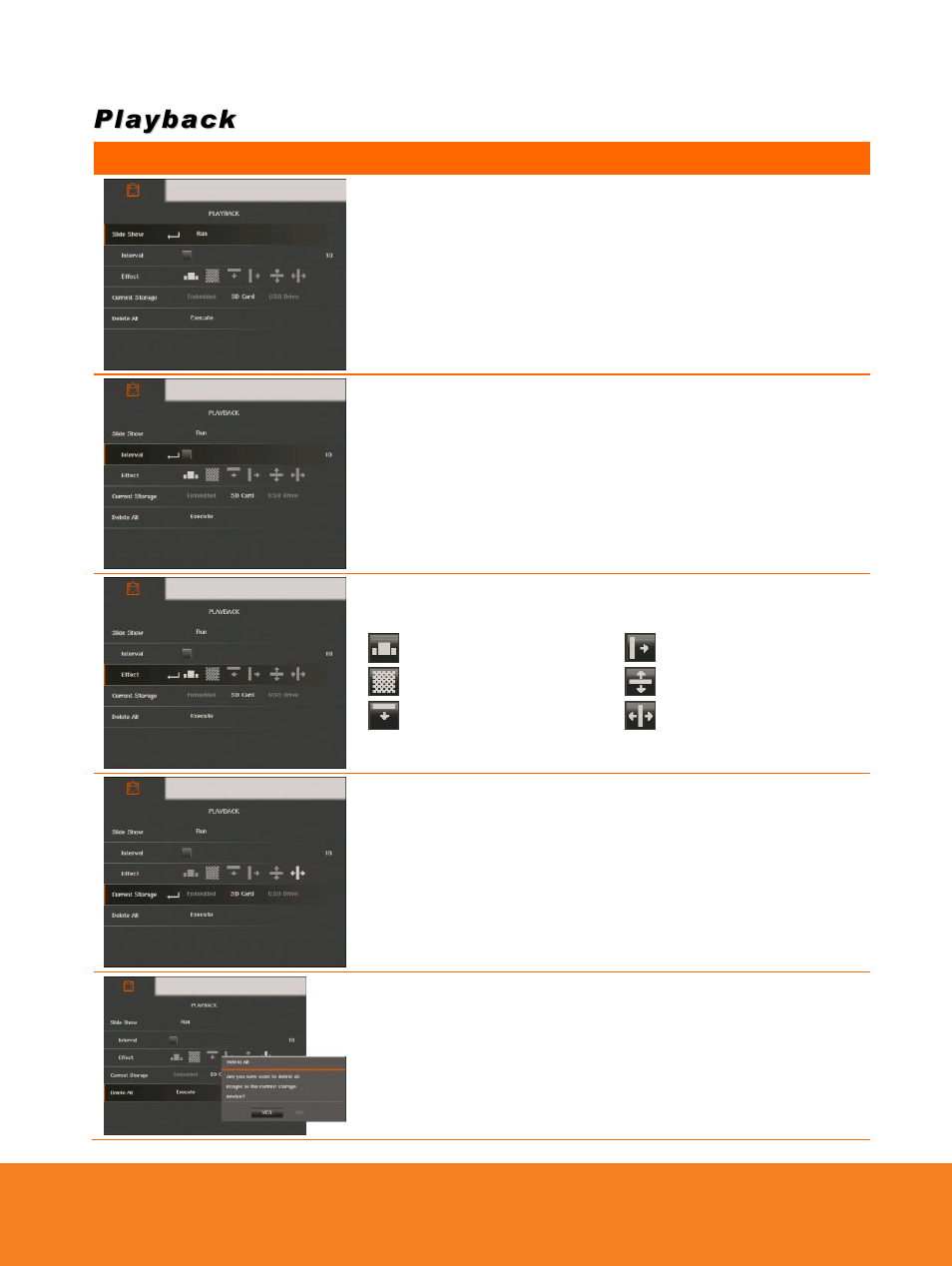 Playback, Slide show, Interval | Slide show effect, Current storage, Delete all | AVer PL50 user manual User Manual | Page 33 / 46