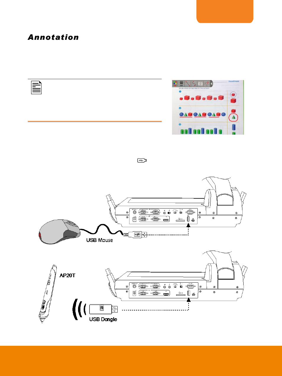 Annotation, Connecting a usb mouse or ap20t, Using the annotation control panel | AVer PL50 user manual User Manual | Page 34 / 46