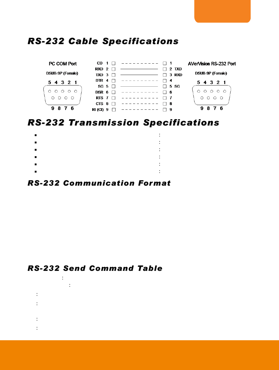 Rs-232 cable specifications, Rs-232 transmission specifications, Rs-232 communication format | Rs-232 send command table | AVer PL50 user manual User Manual | Page 38 / 46