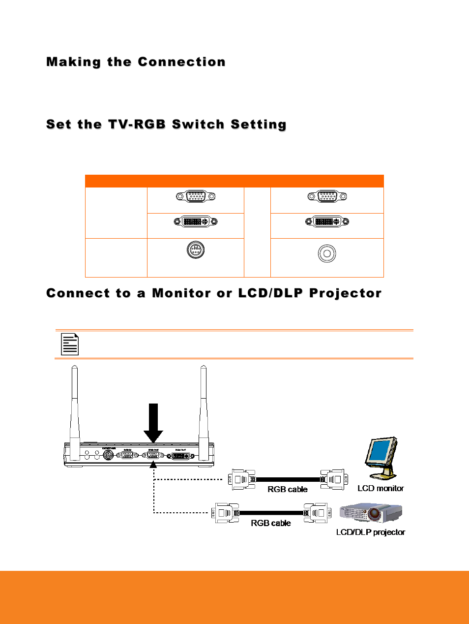 3bmaking the connection, 21bset the tv-rgb switch setting, Connect to a monitor or lcd/dlp projector | Making the connection, Set the tv-rgb switch setting | AVer W30 user manual User Manual | Page 15 / 44