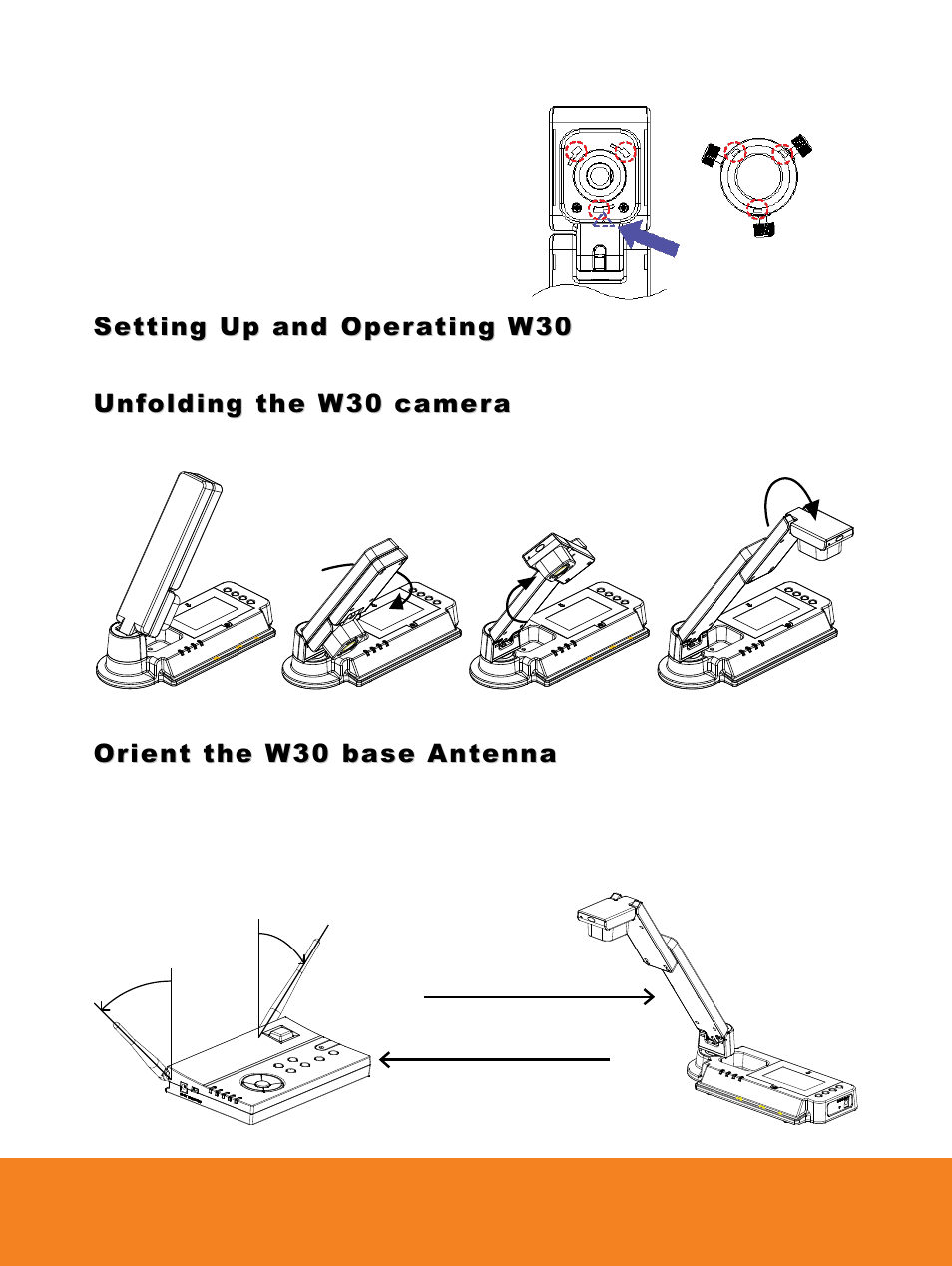 4bsetting up and operating w30, Unfolding the w30 camera, Orient the w30 base antenna | Setting up and operating w30 | AVer W30 user manual User Manual | Page 20 / 44