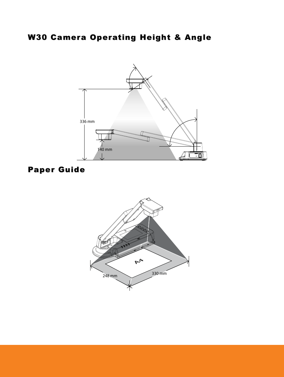 W30 camera operating height & angle, Paper guide | AVer W30 user manual User Manual | Page 21 / 44