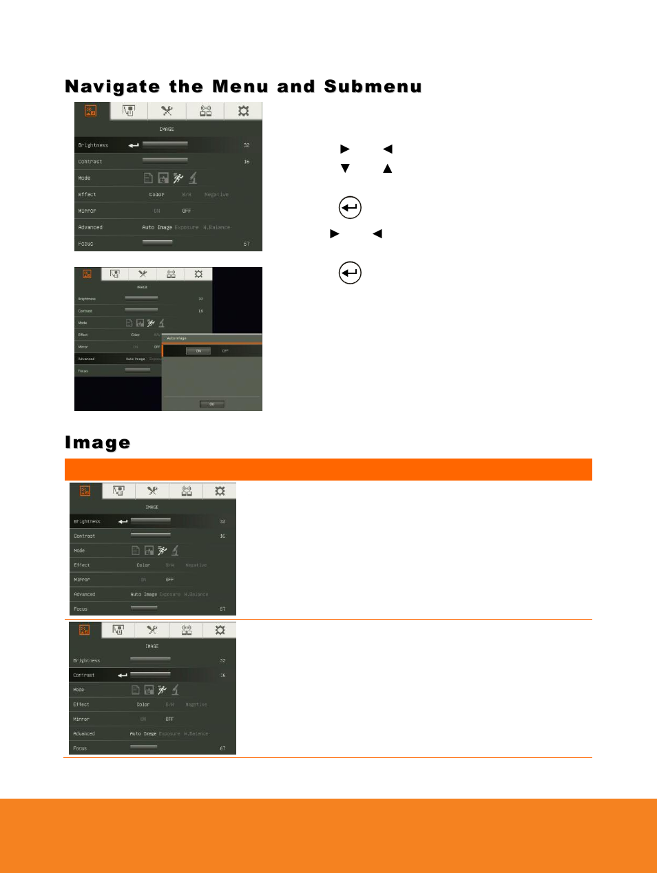37bnavigate the menu and submenu, Image, Navigate the menu and submenu | Brightness, Contrast | AVer W30 user manual User Manual | Page 25 / 44