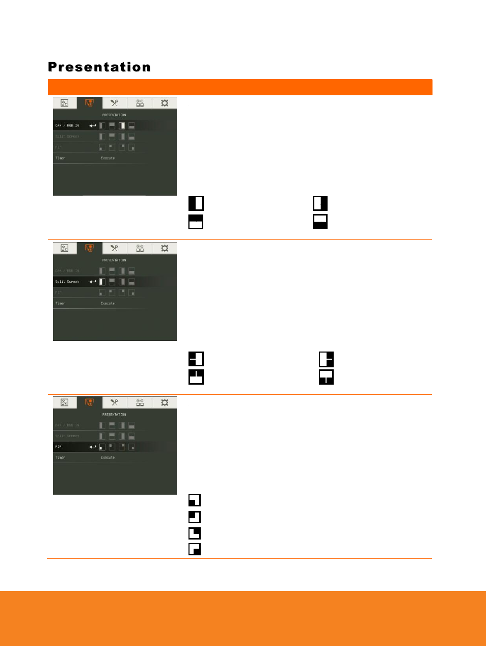 40bpresentation, Presentation, 63bc | Cam / rgb in, Split screen, English | AVer W30 user manual User Manual | Page 28 / 44