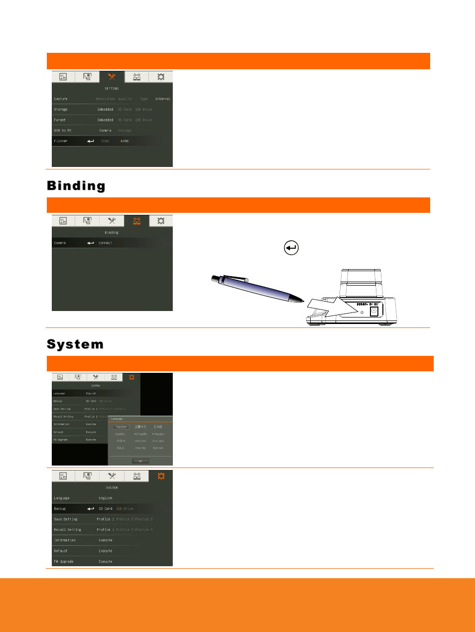 42b41bbinding, System, Flicker | 42b41b, Binding, Language, Backup, English | AVer W30 user manual User Manual | Page 31 / 44