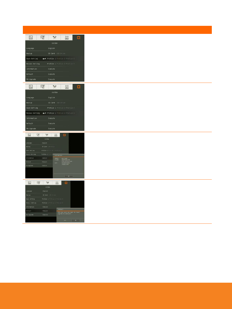 Save setting, Recall setting, Information | Default, English | AVer W30 user manual User Manual | Page 32 / 44