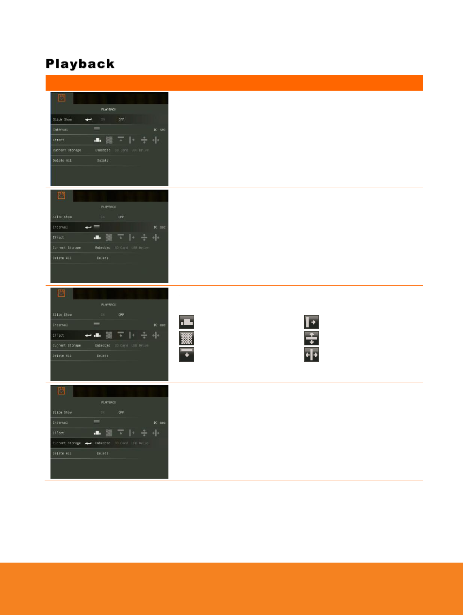 Playback, Slide show, Interval | Slide show effect, Current storage | AVer W30 user manual User Manual | Page 33 / 44