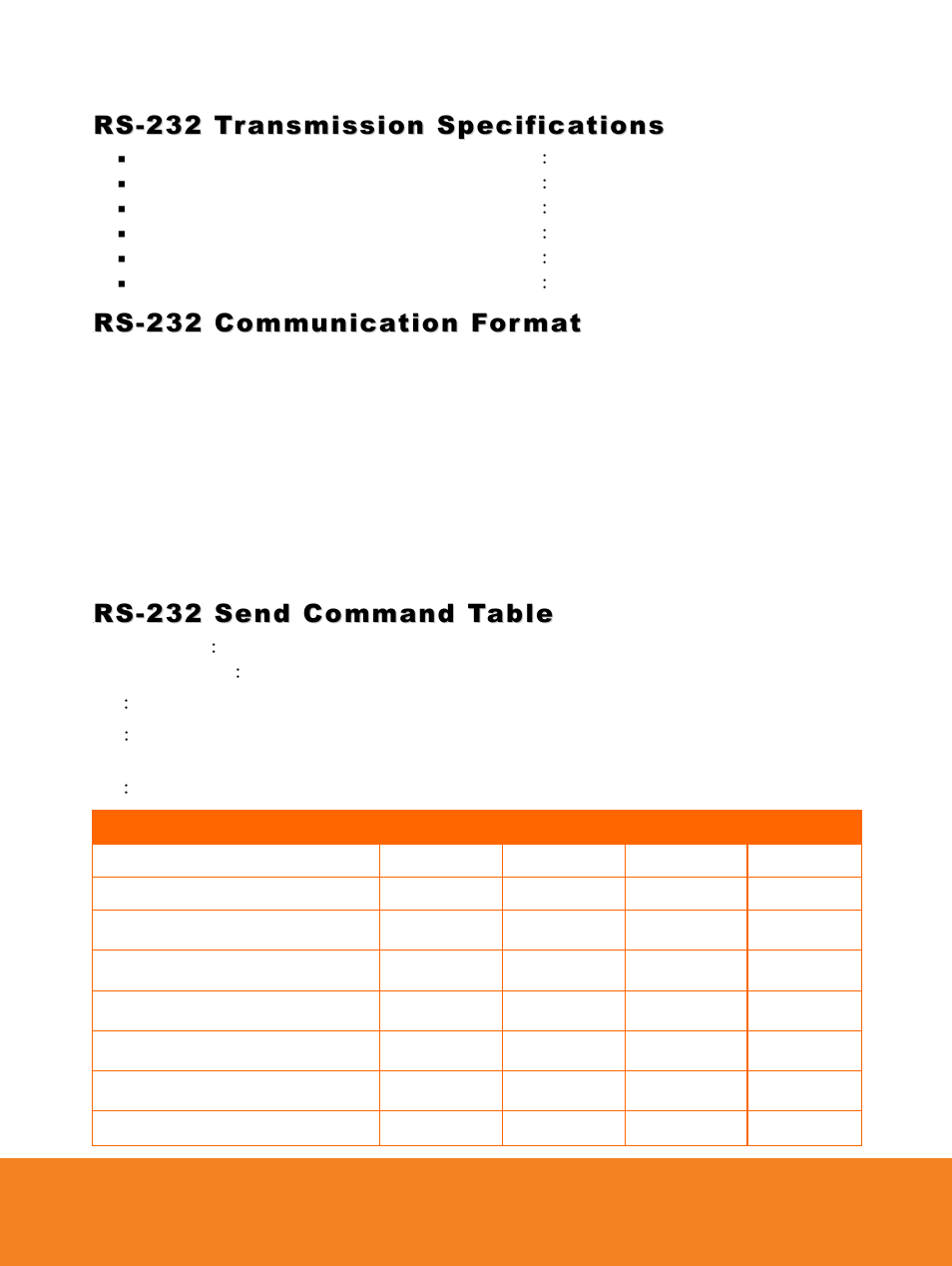 Rs-232 transmission specifications, 11brs-232 communication format, 12brs-232 send command table | Rs-232 communication format, Rs-232 send command table | AVer W30 user manual User Manual | Page 37 / 44