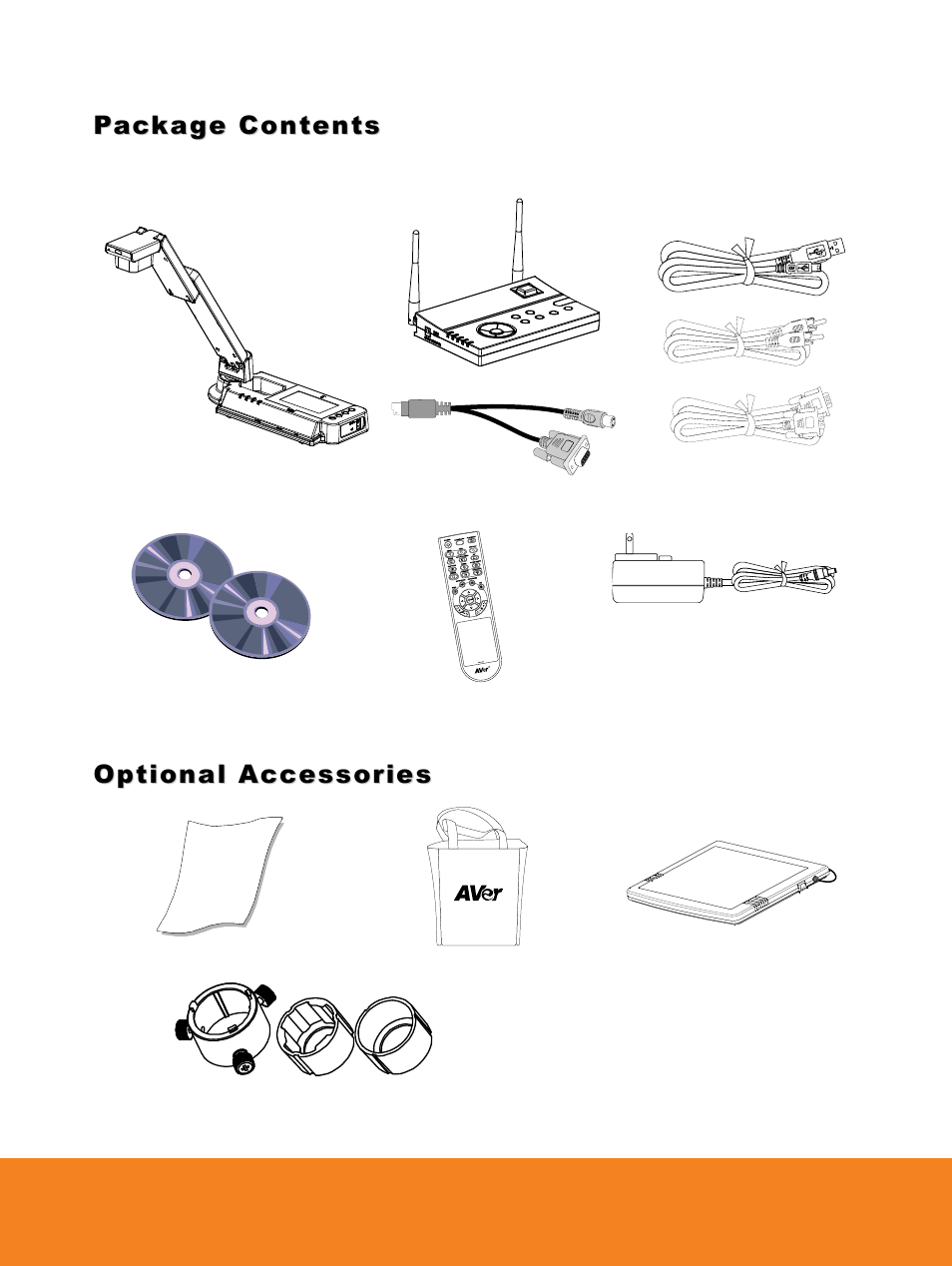 0bpackage contents, 1boptional accessories, Package contents | Optional accessories, English | AVer W30 user manual User Manual | Page 6 / 44