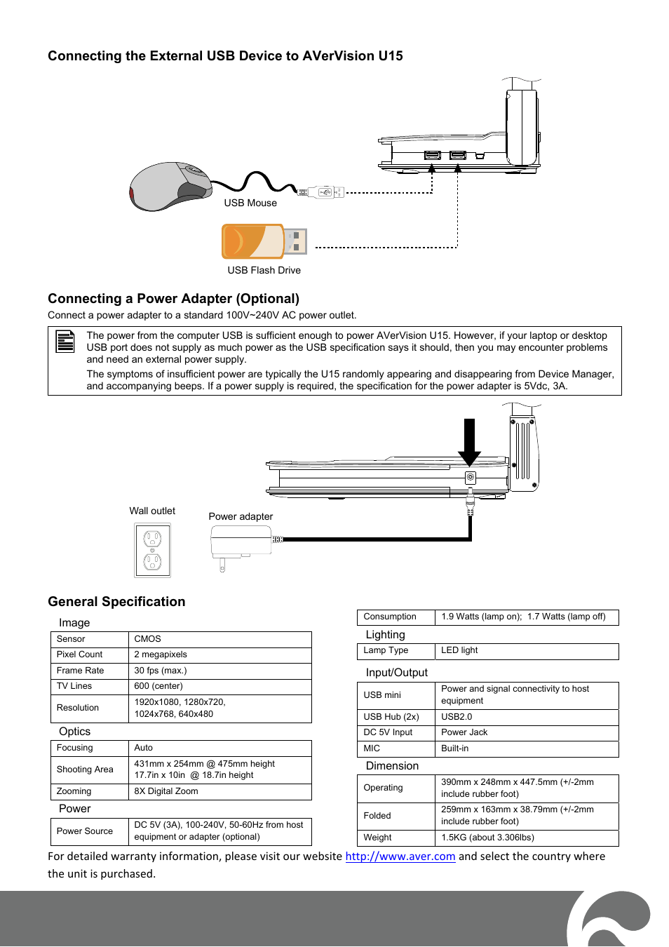 Image, Optics, Power | Lighting, Input/output, Dimension, Connecting a power adapter (optional), General specification | AVer U15 User Manual | Page 2 / 2