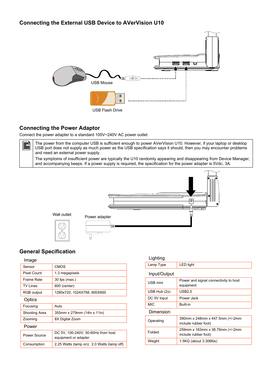 Connecting the power adaptor, General specification | AVer U10 User Manual | Page 2 / 2
