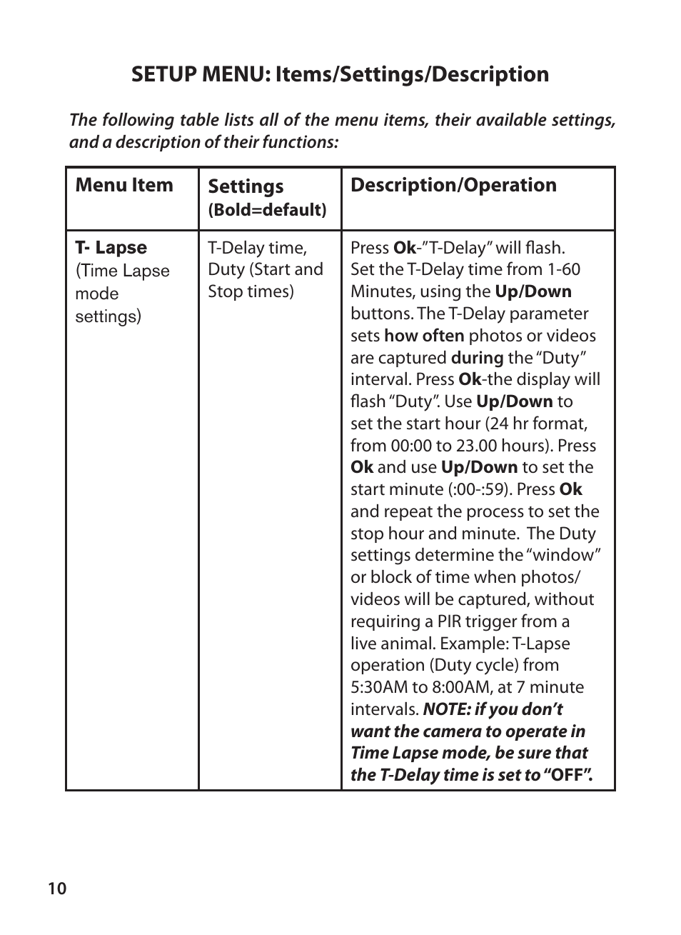 Setup menu: items/settings/description | Bushnell X-8 TRAIL CAM 119327 User Manual | Page 10 / 128