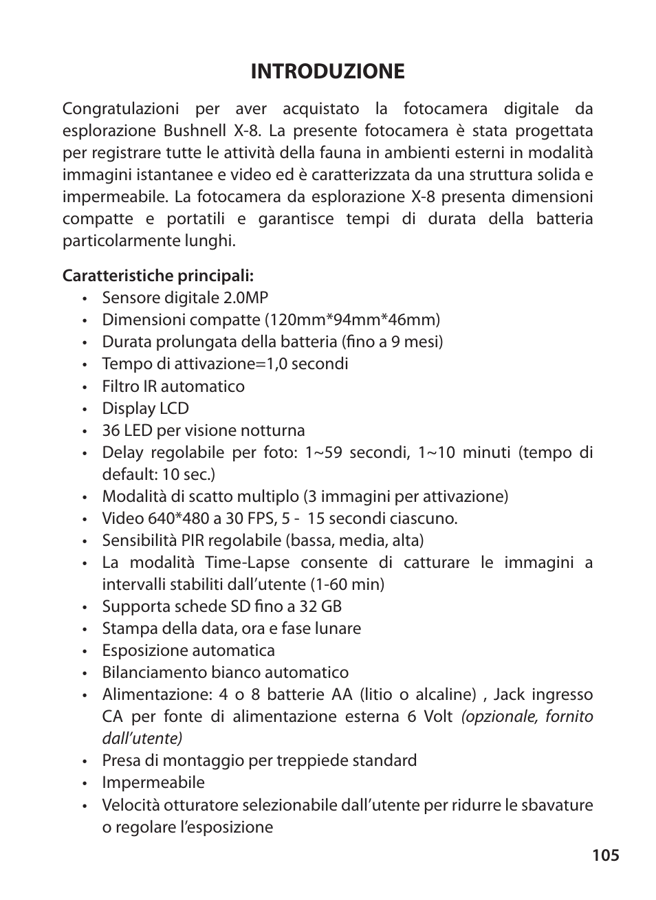 Introduzione | Bushnell X-8 TRAIL CAM 119327 User Manual | Page 105 / 128
