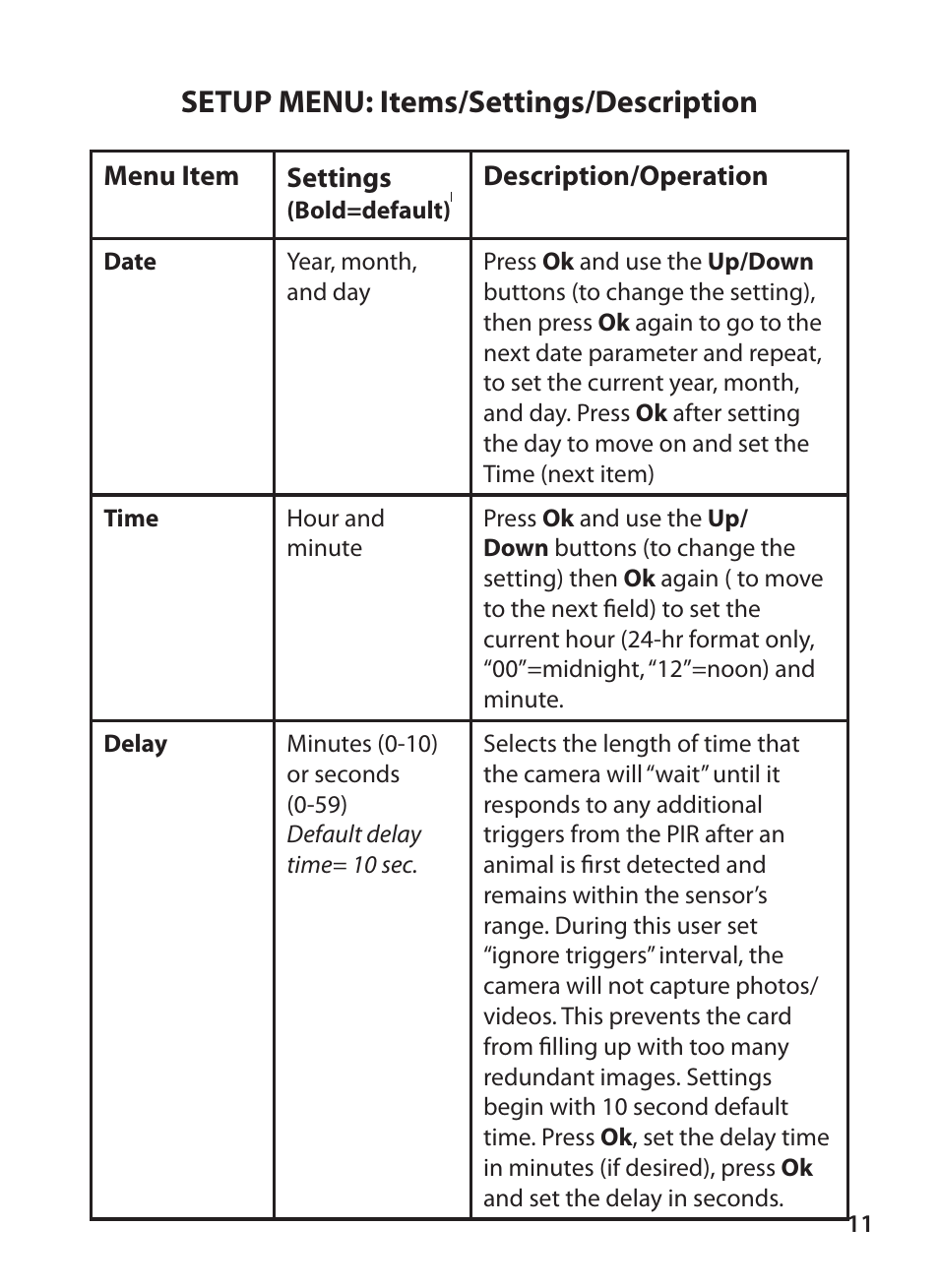 Setup menu: items/settings/description | Bushnell X-8 TRAIL CAM 119327 User Manual | Page 11 / 128