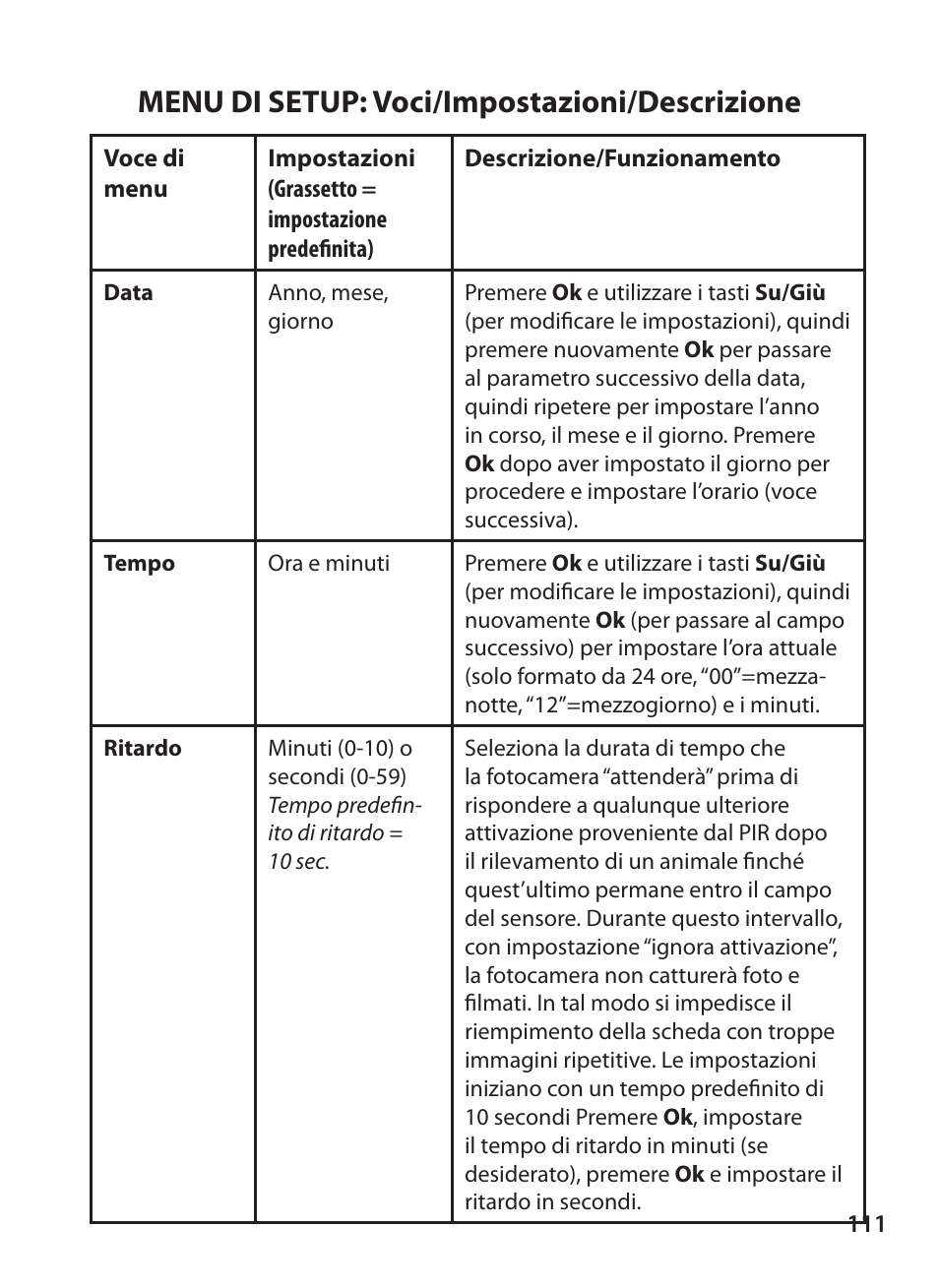 Menu di setup: voci/impostazioni/descrizione | Bushnell X-8 TRAIL CAM 119327 User Manual | Page 111 / 128