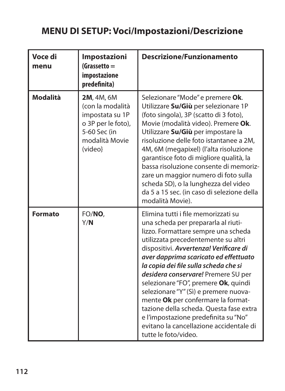 Menu di setup: voci/impostazioni/descrizione | Bushnell X-8 TRAIL CAM 119327 User Manual | Page 112 / 128