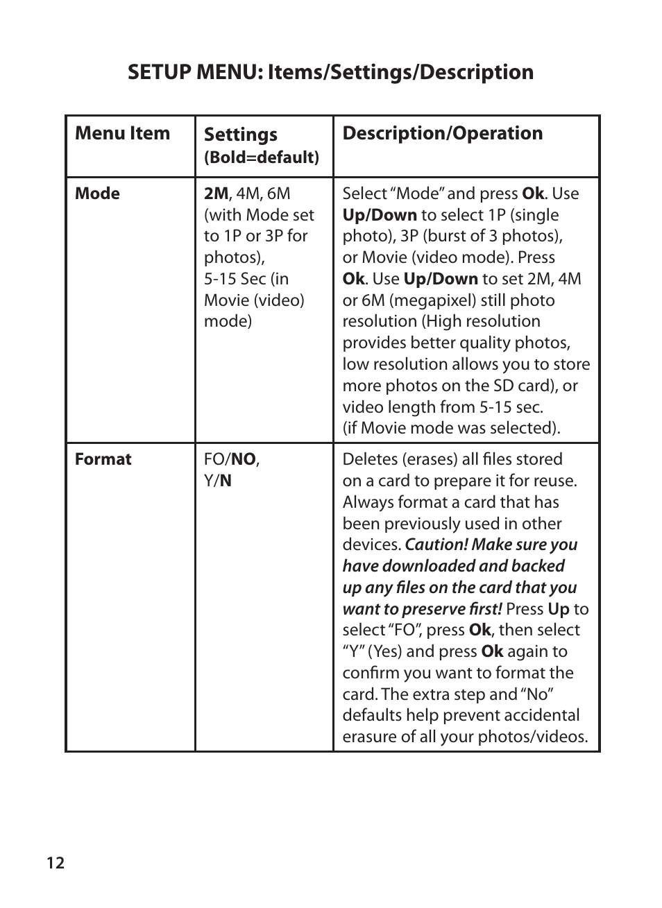 Setup menu: items/settings/description | Bushnell X-8 TRAIL CAM 119327 User Manual | Page 12 / 128