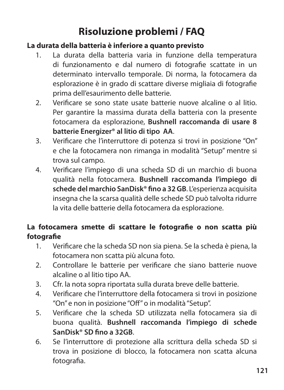 Risoluzione problemi / faq | Bushnell X-8 TRAIL CAM 119327 User Manual | Page 121 / 128