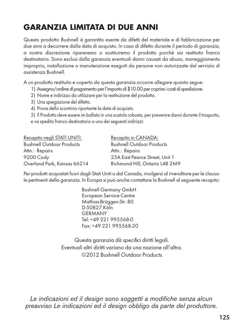 Garanzia limitata di due anni | Bushnell X-8 TRAIL CAM 119327 User Manual | Page 125 / 128