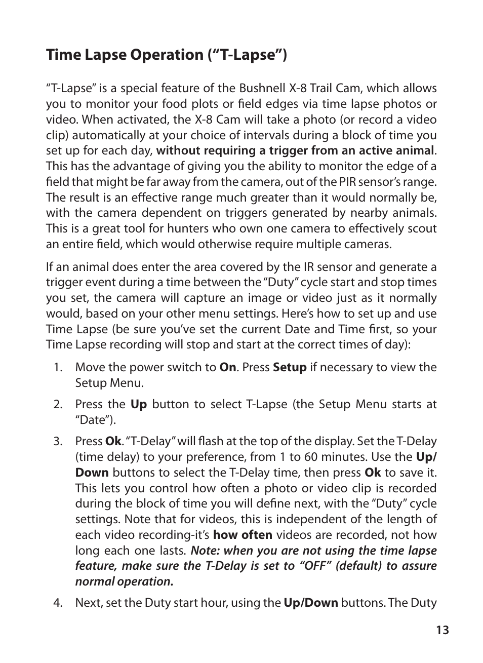 Time lapse operation (“t-lapse”) | Bushnell X-8 TRAIL CAM 119327 User Manual | Page 13 / 128