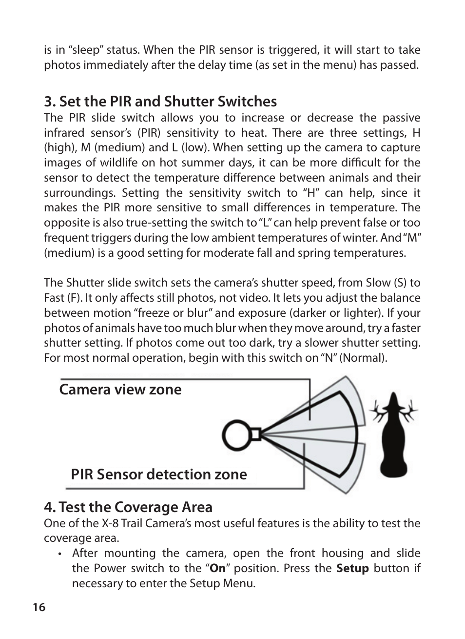 Set the pir and shutter switches, Test the coverage area, Camera view zone pir sensor detection zone | Bushnell X-8 TRAIL CAM 119327 User Manual | Page 16 / 128