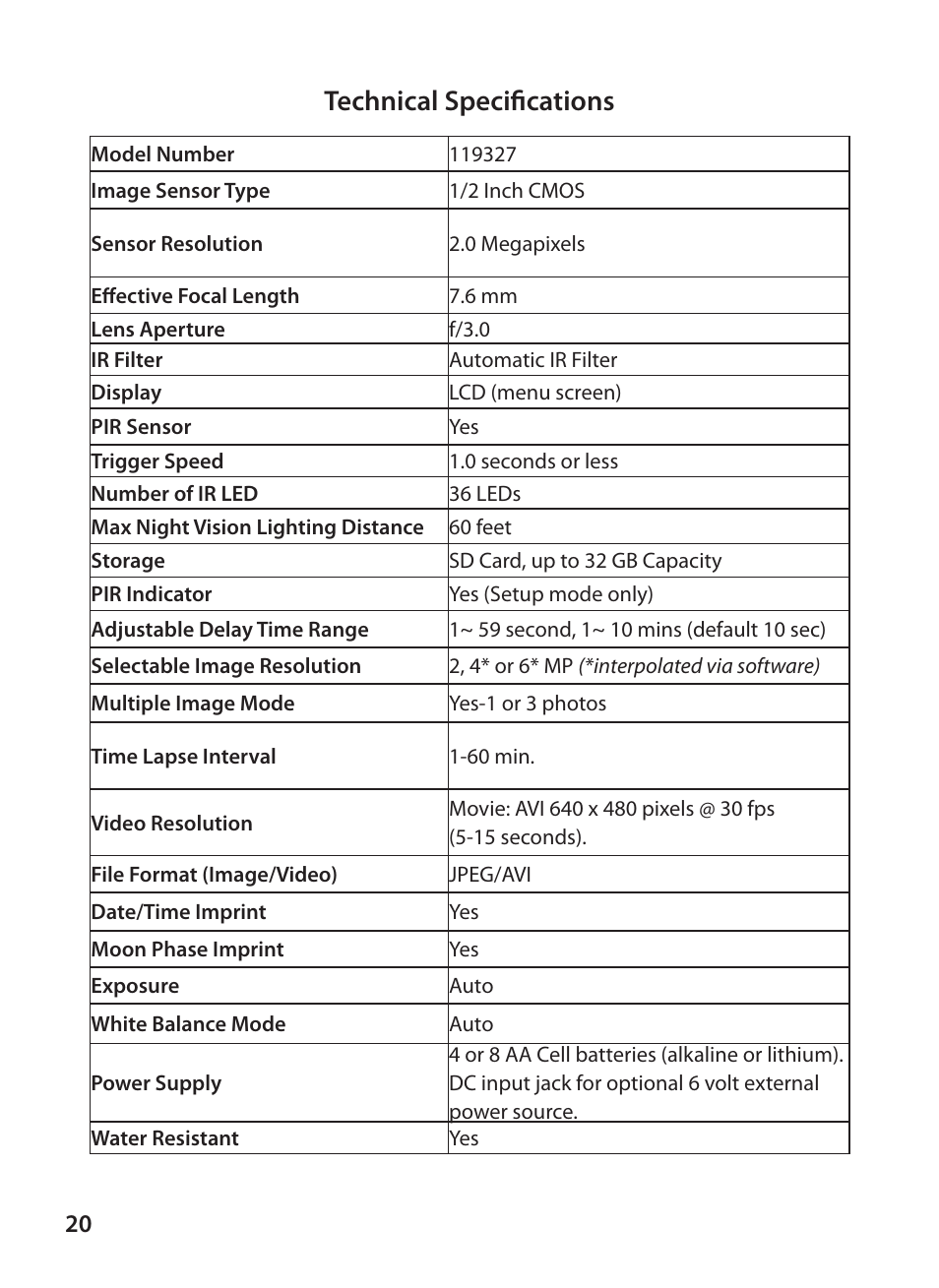 Technical specifications | Bushnell X-8 TRAIL CAM 119327 User Manual | Page 20 / 128