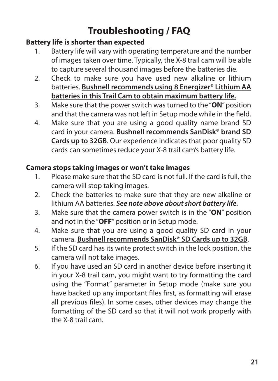 Troubleshooting / faq | Bushnell X-8 TRAIL CAM 119327 User Manual | Page 21 / 128