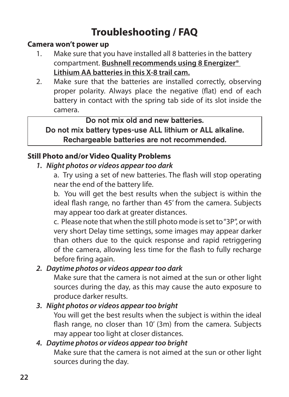 Troubleshooting / faq | Bushnell X-8 TRAIL CAM 119327 User Manual | Page 22 / 128