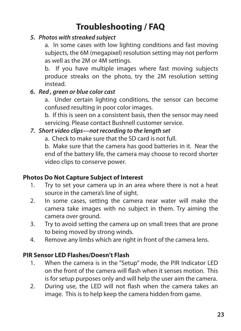 Troubleshooting / faq | Bushnell X-8 TRAIL CAM 119327 User Manual | Page 23 / 128