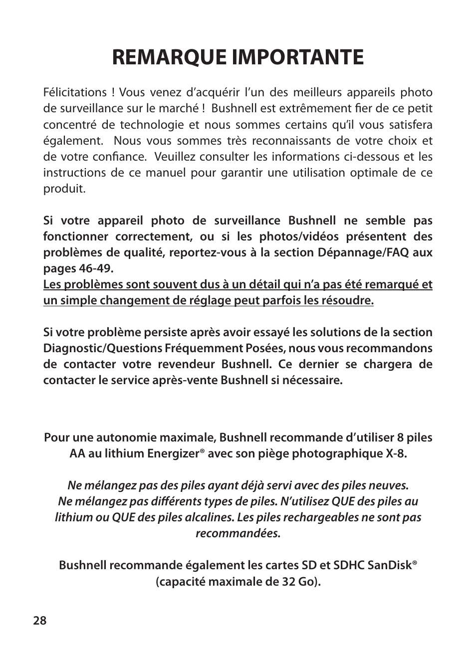 Remarque importante | Bushnell X-8 TRAIL CAM 119327 User Manual | Page 28 / 128