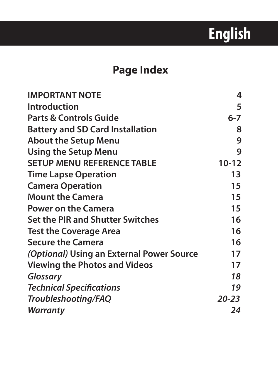 English, Page index | Bushnell X-8 TRAIL CAM 119327 User Manual | Page 3 / 128