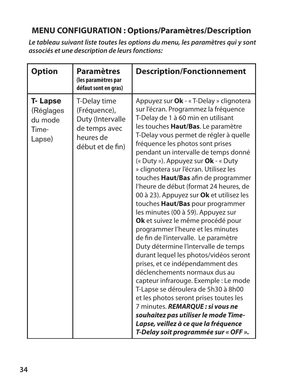 Option paramètres, Description/fonctionnement | Bushnell X-8 TRAIL CAM 119327 User Manual | Page 34 / 128
